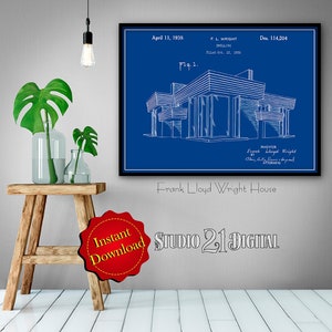 Könnte beinhalten: Ein blauer und weißer Bauplan von Frank Lloyd Wrights Haus, mit dem Text "Frank Lloyd Wright House" unter dem Bild. Der Bauplan ist in Schwarz gerahmt und trägt die Aufschrift "April 11, 1939." und "Des. 114,204" in den oberen Ecken.