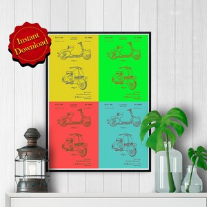 Motor Scooter Pop Art Patent Digital Download, Scooter Gift Shabby Chic Decor