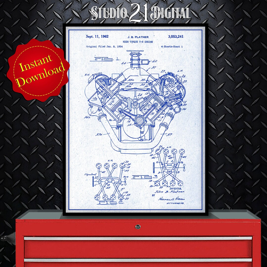High Torque V8 Engine Printable Patent Print, Mechanic Gift Digital ...