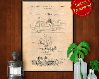 1969 UH-1 Huey Helicopter Patent Digital Download, Pilot or Flight Student Gift Helicopter Blueprint