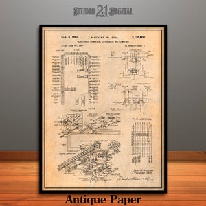 Pode incluir: Uma impressão em papel antigo emoldurada com um diagrama de um integrador numérico eletrônico e computador. A impressão, datada de 4 de fevereiro de 1964, inclui esquemas detalhados. O texto "Antique Paper" está na parte inferior.
