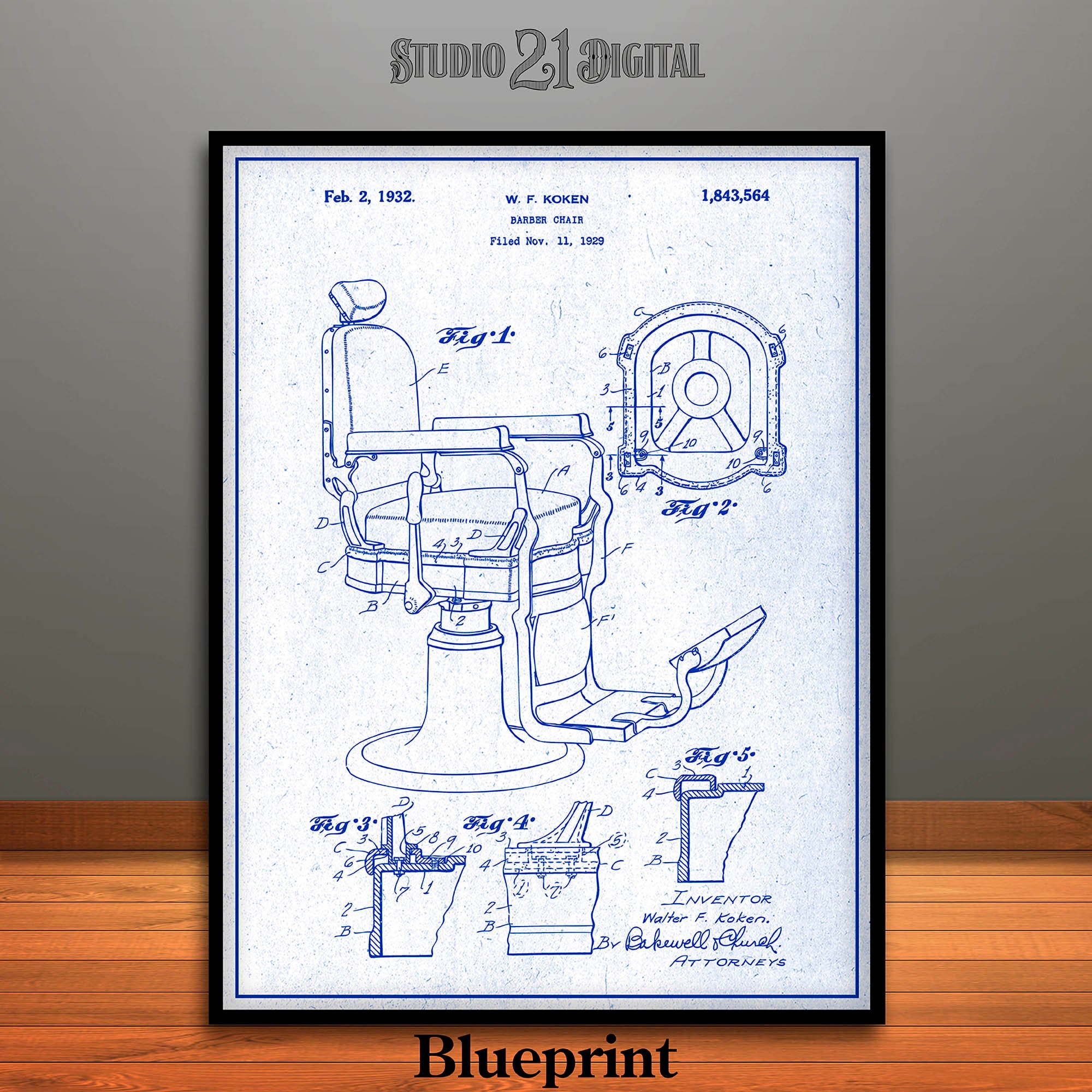 Koken Barber Chair Patent Print: 1929 Blueprint Art (digital