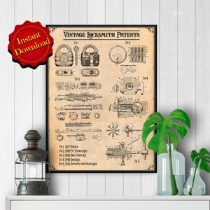 May include: Vintage illustration of five different lock patents. The illustration is in black and white and has a beige background. The text "Vintage Locksmith Patents" is at the top of the illustration. The illustration includes the patent numbers and dates for each lock.