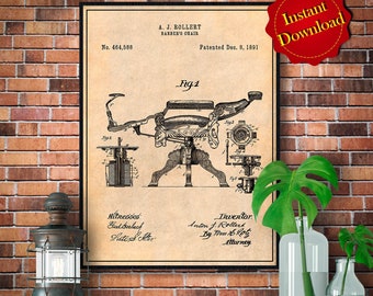 1891 Barber Chair Patent Print: Antique Decor (Digital Download)