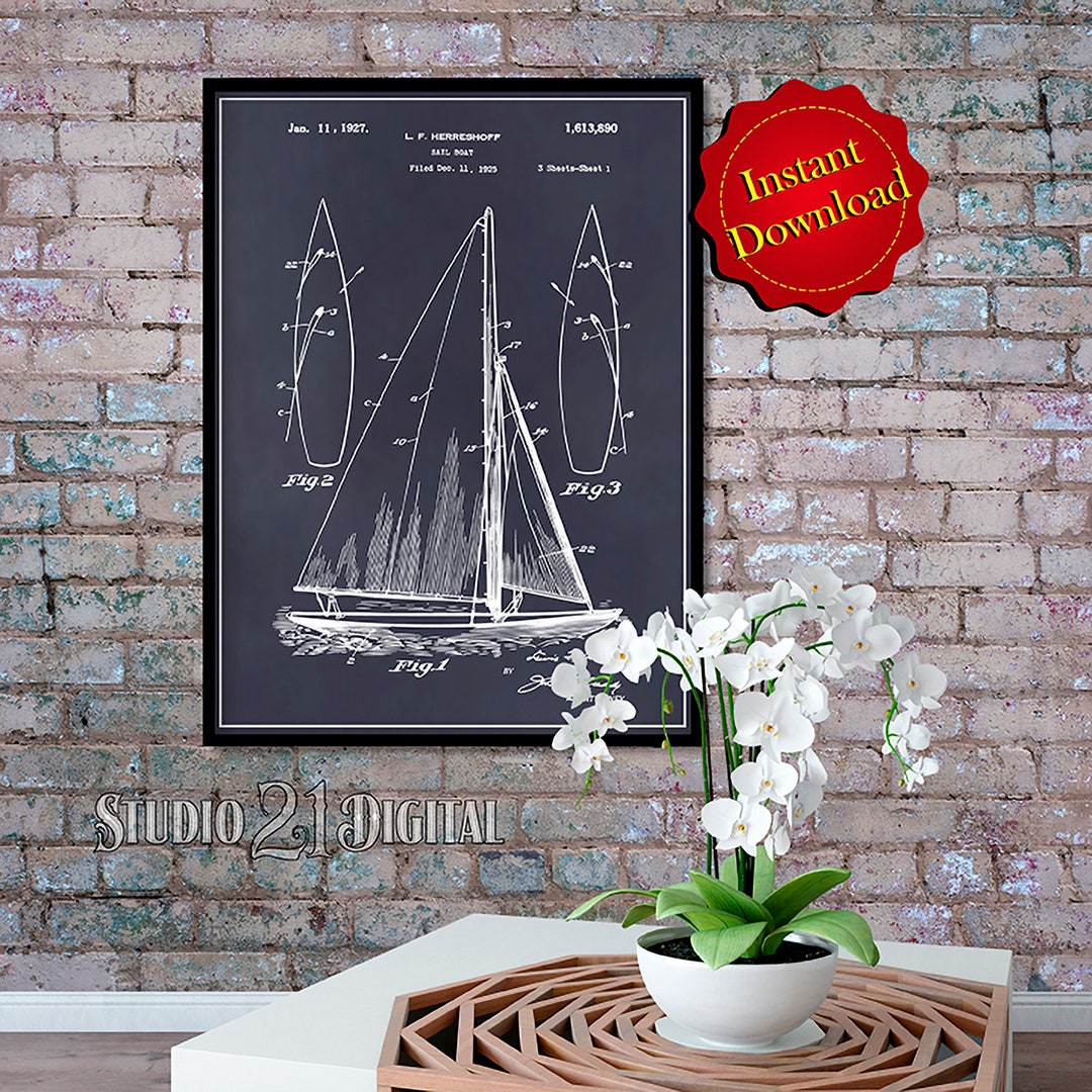 Herreshoff Sail Boat Patent Digital Download, Beach Art Nautical Wall ...