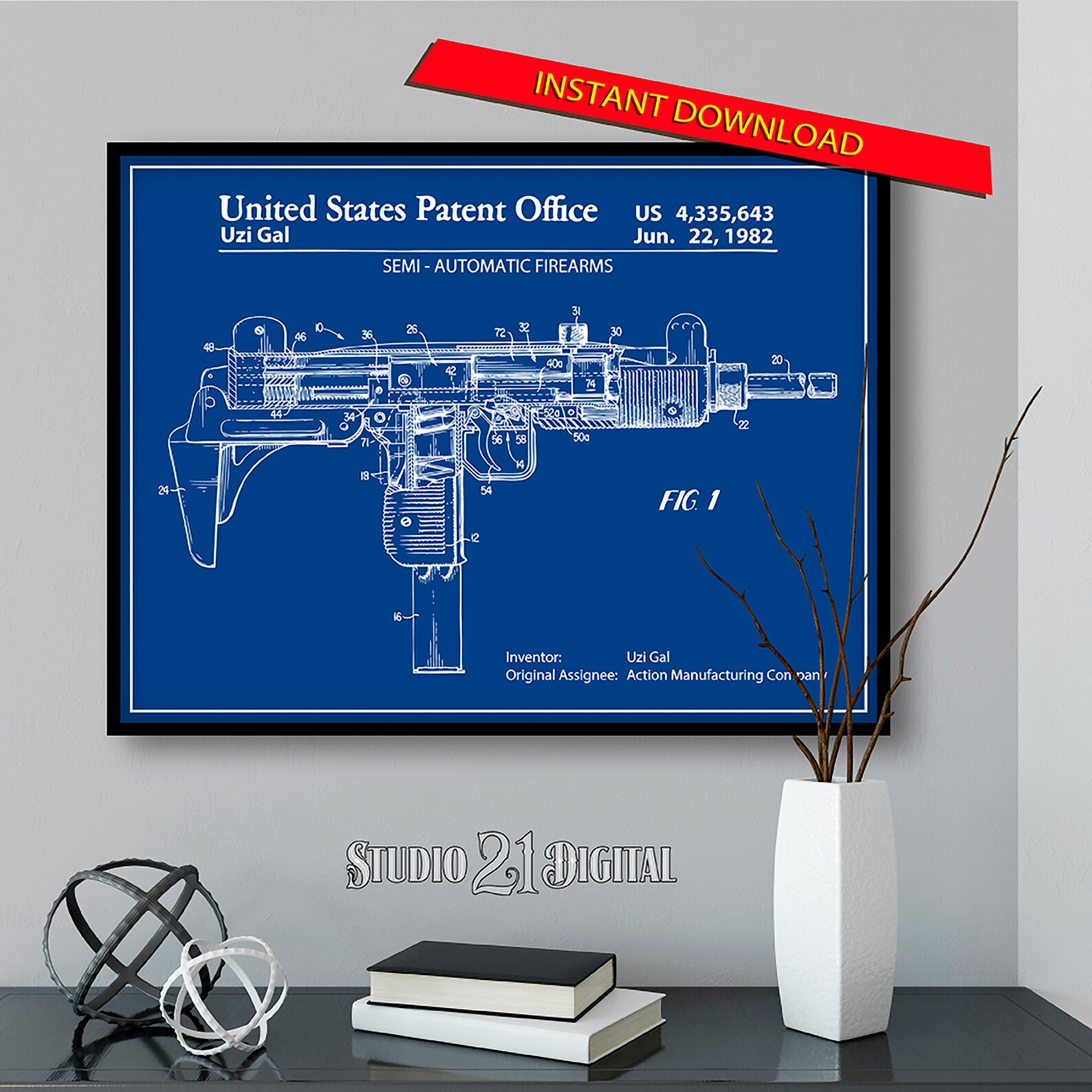 1982 Uzi Submachine Gun Patent Digital Download Gun Art Etsy