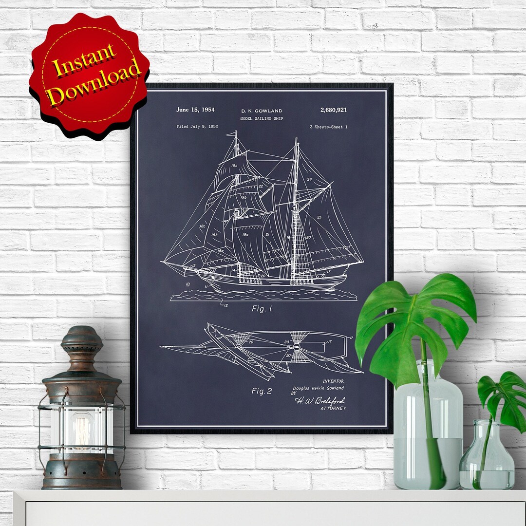 1952 Model Sailing Ship Patent Digital Download, Beach Art Nautical ...