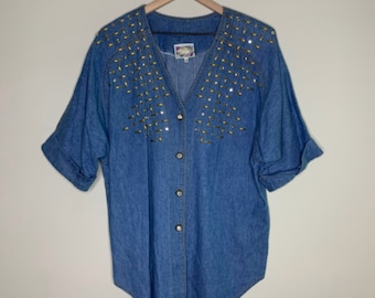 OS Denim Blouse with Gold Embellishments | Women Casual Blue Jean Denim Shirt | Short Sleeve Denim Shirt Blouse | Gold Beads Denim Blouse