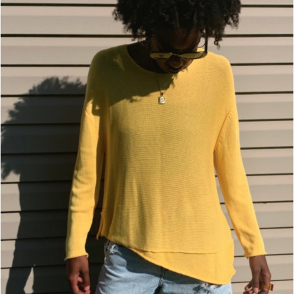 Yellow Long Sleeve Knit Asymmetrical Top | Women Long Sleeve Knitted Solid Crop Top | Women's Lightweight Slim Fit Tee | Long Sleeve T-Shirt