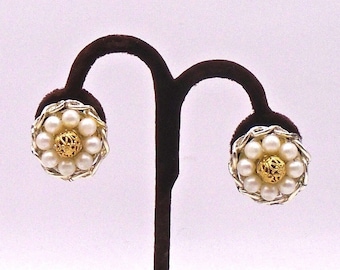 Vintage Faux Pearl Cluster Clip-On Earrings with Gold Filigree Bead Centers and Silver Tone Braiding Around the Edges