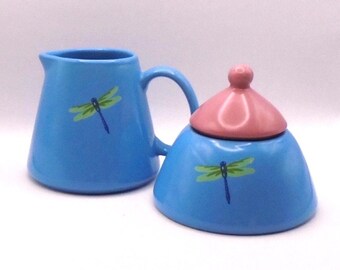 Vintage Dragonfly and Daisy Flower Sugar Bowl with Lid and Creamer, Annie's Treasures
