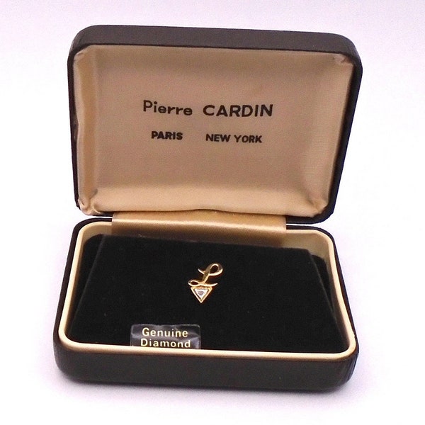 Vintage Pierre Cardin Diamond Gold Plated Tie Tack Pin/Chain, Initial L