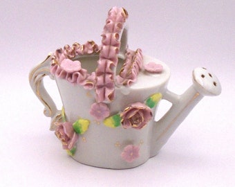 Vintage 1960's Bone China Watering Can with Pink Ruffles  and Florals with Gold Sponging, Japan