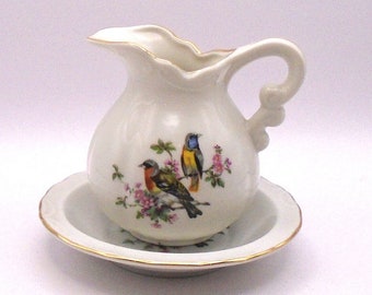 Vintage Miniature Porcelain Set of a Pitcher/ Creamer and Basin With a Bird and Flower Transfer, Made in Japan, Marked 184