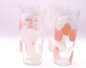 Vintage 1960's Set of 4 Retro Drinking Glasses, Clear Glass with Pink and White Fruit Designs