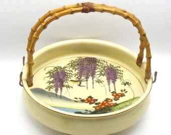 Antique Japanese Imari Ceramic Kutani Style Hand Painted Bowl with Bamboo Handle, Circa 1920's