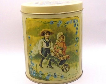 Vintage Made in Italy Metal Storage Tin with Children Pushing Puppies in Wheelbarrow