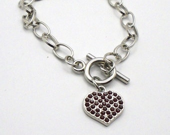 Vintage Silvertone Toggle Bracelet with Crystal Red Heart Trellis Charm