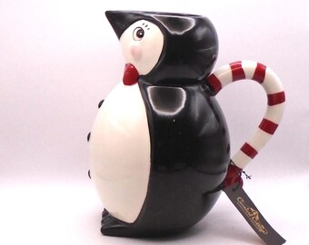 Vintage Christmas Penguin Pitcher, Carnival Cottage, Johanna Parker, Black, Red and White