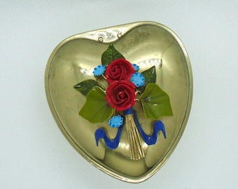 Vintage Heart Shaped "Trinket Box" with Enamel Roses and Forget-Me-Not Flowers by Mann Inc.