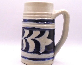 Vintage Williamsburg VA Pottery Salt Glazed Stoneware Mug/Stein - Cobalt Blue and Light Gray