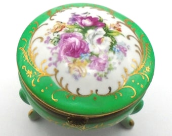 Vintage Norleans Japan Hinged Trinket Box Circa 1950's with Hand Painted Pink Roses and Gold Trim