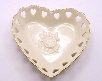 Vintage Lenox Heart Shaped Trinket Dish with Embossed Rose and Heart Cutouts, Made in USA