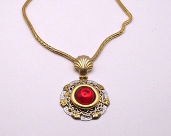 Vintage Gold and Silver Tone Necklace with Red Stone Medallion with Scallop Shell Connector