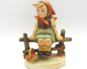 Vintage Goebel Hummel "Just Resting" Figurine #112 1/0 Western Germany -  Girl Sitting on Fence Resting, Full Bee Trademark, Circa 1938