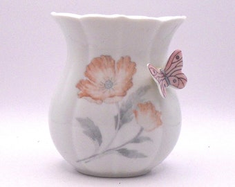 Vintage Glazed Porcelain Vase with 3-Dimensional Butterfly and Flowers,  Floral Pattern with Scalloped Edge, Circa 1960's