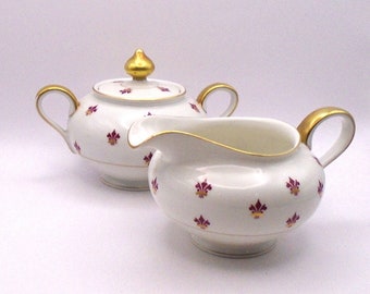 Vintage Burgundy & Gold Fleur De Lis Pattern Jacquette by Baronet, Sugar Bowl with Lid and Creamer, Eschenbach, Bavaria-Germany