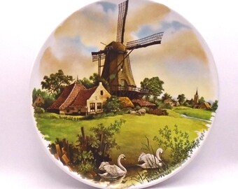 Vintage Royal Schwabap Decorative Plate - Windmill on Farm , 9-1/2", Hand Decorated, Wall Mount/Easel Display, Holland, Circa 1984