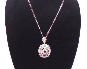 Vintage Monet Imperial Silver Tone Rhinestone and Black Stone Pendant Necklace, 20-Inch Adjustable Length,