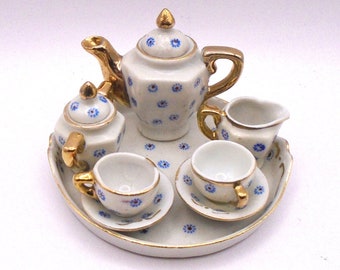 Vintage Miniature Tea Set on Tray, Made in Occupied Japan, Blue and White Porcelain with Gold Trim