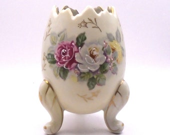 Vintage Inarco Egg Shaped Vase/Planter, Three Legs Cracked Egg Shape, Hand Painted Floral Pattern with Gold Trim Circa 1960's, Japan