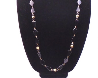 Vintage Trifari Gold Tone and Black Lucite Beaded Necklace 28" in Length, Spring Ring Clasp