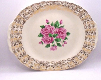 Vintage Sebring Pottery Co. "China Bouquet Pattern" Serving Platter, Warranted 22 K Gold, with Pink Roses in the Center, Made in USA -