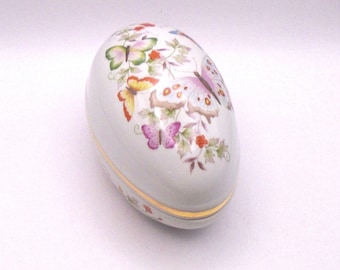 Vintage Fine Porcelain Lidded Egg Shaped "Trinket Box" with Flowers and Butterflies & 22K Gold Trim, 1974, Made in Japan, Only 2 available.
