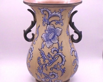 Vintage Formalities Baum Bros. Stoneware Blue and Brown Floral Vase 10" Tall