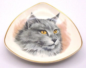 Vintage Sandland England Trinket Dish Tray Gray Cat 1970s
