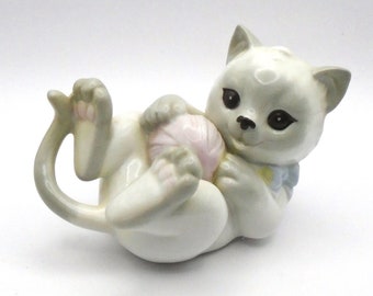 Vintage Ceramic Gray and White Kitten Playing with Pink Ball of Yarn