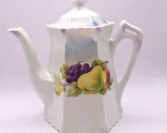 Vintage German Lusterware Teapot with Fruit Motif - Iridescent