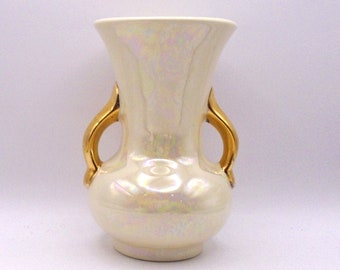 Vintage Pearl China Co. Lusterware Floral Vase With 22 KT Gold Handles, Made in USA , 6"H