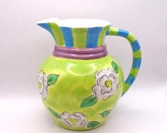Vintage Essex Collection "Flora Dora" Pitcher, By Heather Outlaw, Blue and Green Floral Pattern