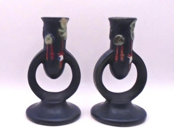 Vintage Reproduction Roseville "Fuchsia" Pottery Suspended Candle Holders, Pair - 5-1/8" Tall