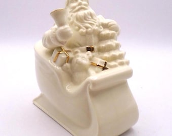 Vintage Lenox Porcelain Santa Riding In Sleigh, Christmas Figurine with Tree, Gifts and Teddy Bear, Trimmed in Gold