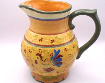 Vintage Bella Casa Hand Painted Ceramic Rooster/Flowers Pitcher by Gantz
