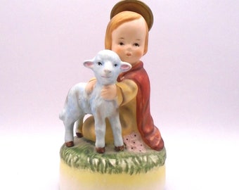 Vintage Lefton Angel Child and Blue Lamb Music Box Figurine Plays "Oh Little Town of Bethlehem", Hand-Painted