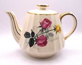 Vintage Sadler Rose Pattern Ribbed Tea Pot, Trimmed in Gold, Made in England
