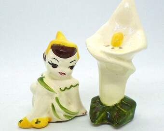 Vintage and Rare 1950-60's Pixie and Calla Lilly Ceramic Salt and Pepper Shakers